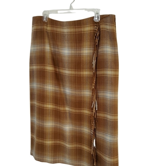 VTG Village Maxi Skirt Plaid Wool Blend Faux Wrap Fringe Lined Size 14 Tan Blue - Picture 6 of 14